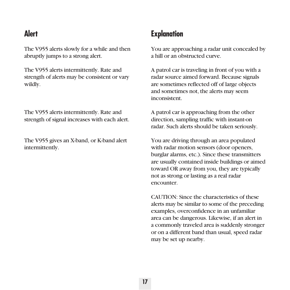 Explanation, Alert | Beltronics Vector 955 User Manual | Page 19 / 31