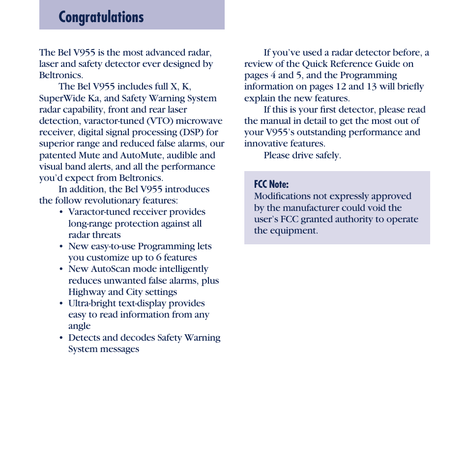 Beltronics Vector 955 User Manual | Page 2 / 31