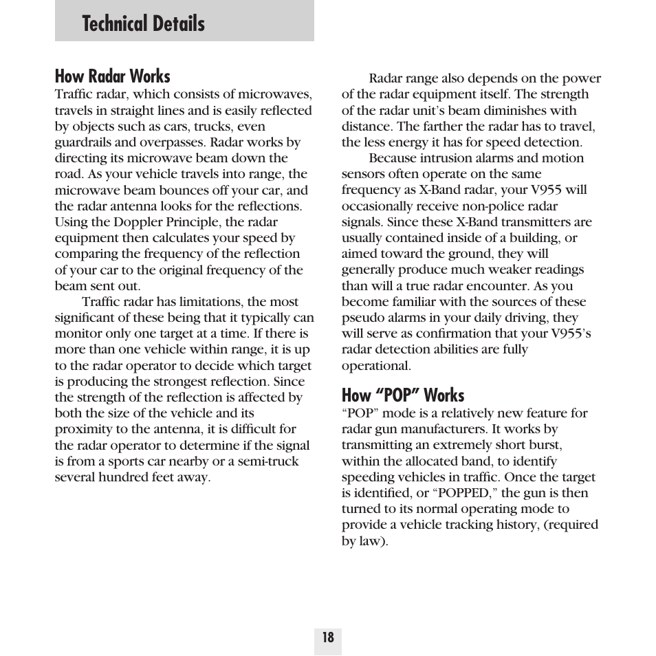 Technical details, How radar works, How “pop” works | Beltronics Vector 955 User Manual | Page 20 / 31