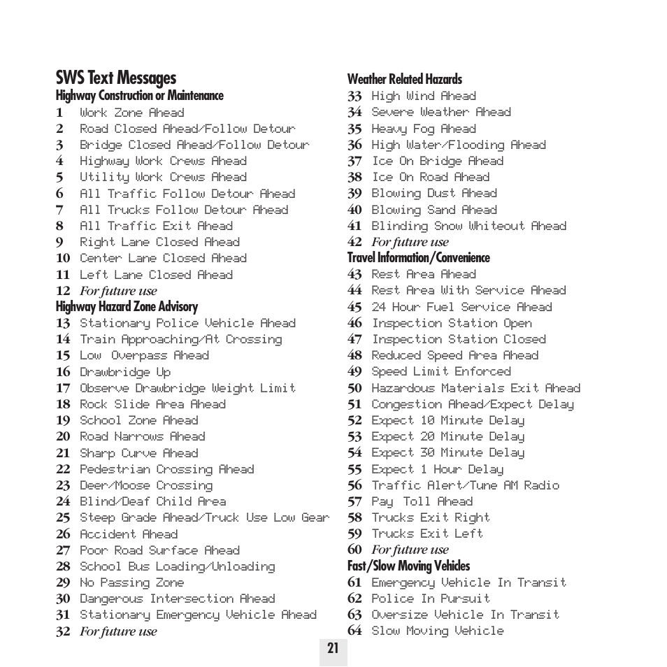 Sws text messages | Beltronics Vector 955 User Manual | Page 23 / 31