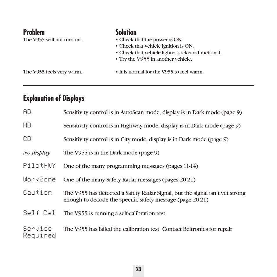 Problem, Solution, Explanation of displays ad | Pilothwy, Workzone, Caution, Self cal, Service, Required | Beltronics Vector 955 User Manual | Page 25 / 31