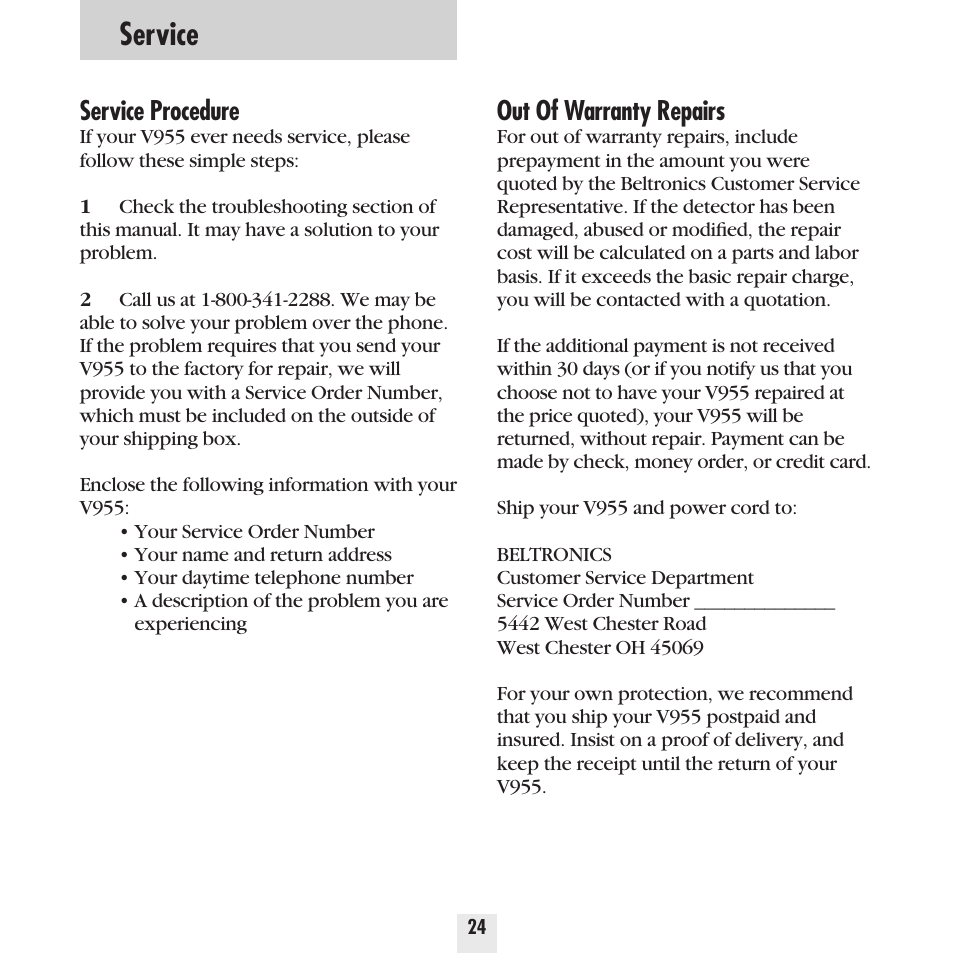 Service, Service procedure, Out of warranty repairs | Beltronics Vector 955 User Manual | Page 26 / 31