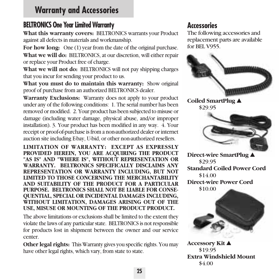 Warranty and accessories, Beltronics one year limited warranty, Accessories | Beltronics Vector 955 User Manual | Page 27 / 31