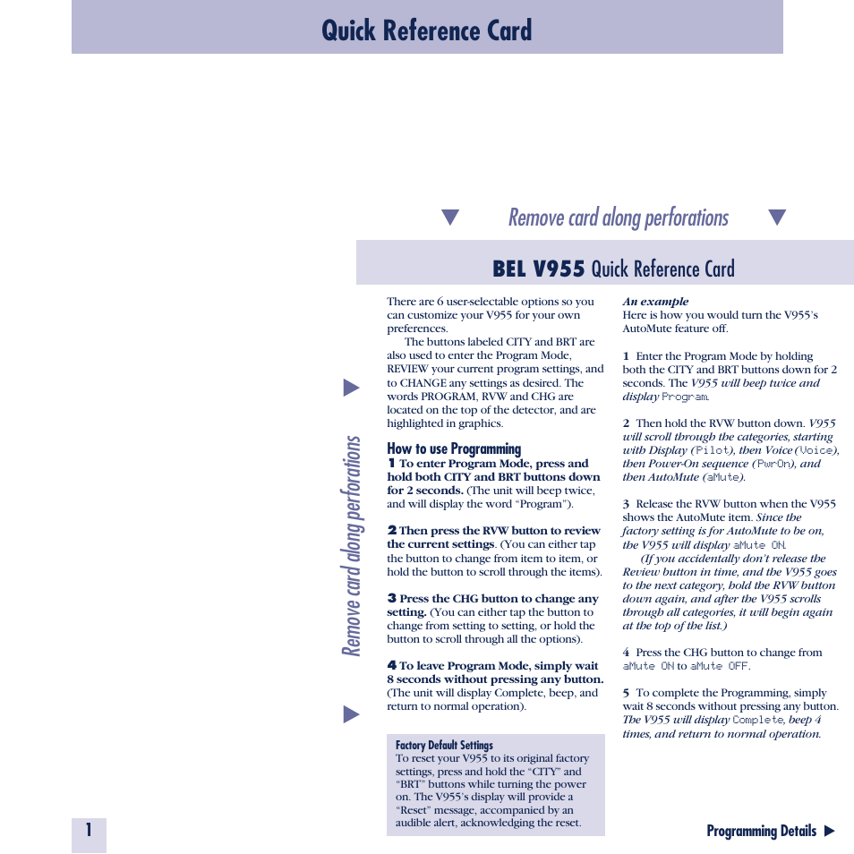 Quick reference card, Bel v955 quick reference card | Beltronics Vector 955 User Manual | Page 3 / 31