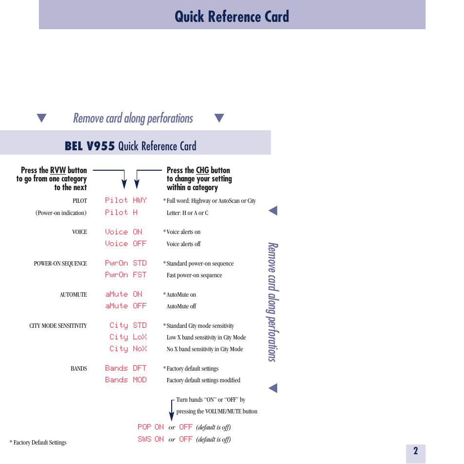 Quick reference card, Bel v955 quick reference card | Beltronics Vector 955 User Manual | Page 4 / 31
