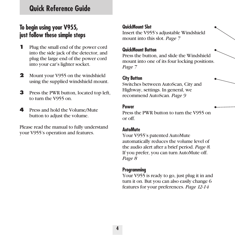 Quick reference guide | Beltronics Vector 955 User Manual | Page 6 / 31