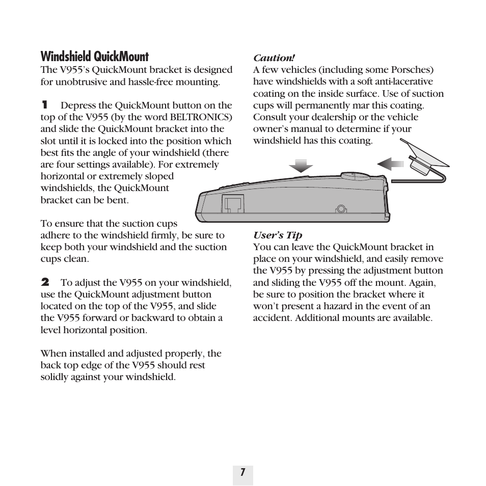 Windshield quickmount | Beltronics Vector 955 User Manual | Page 9 / 31