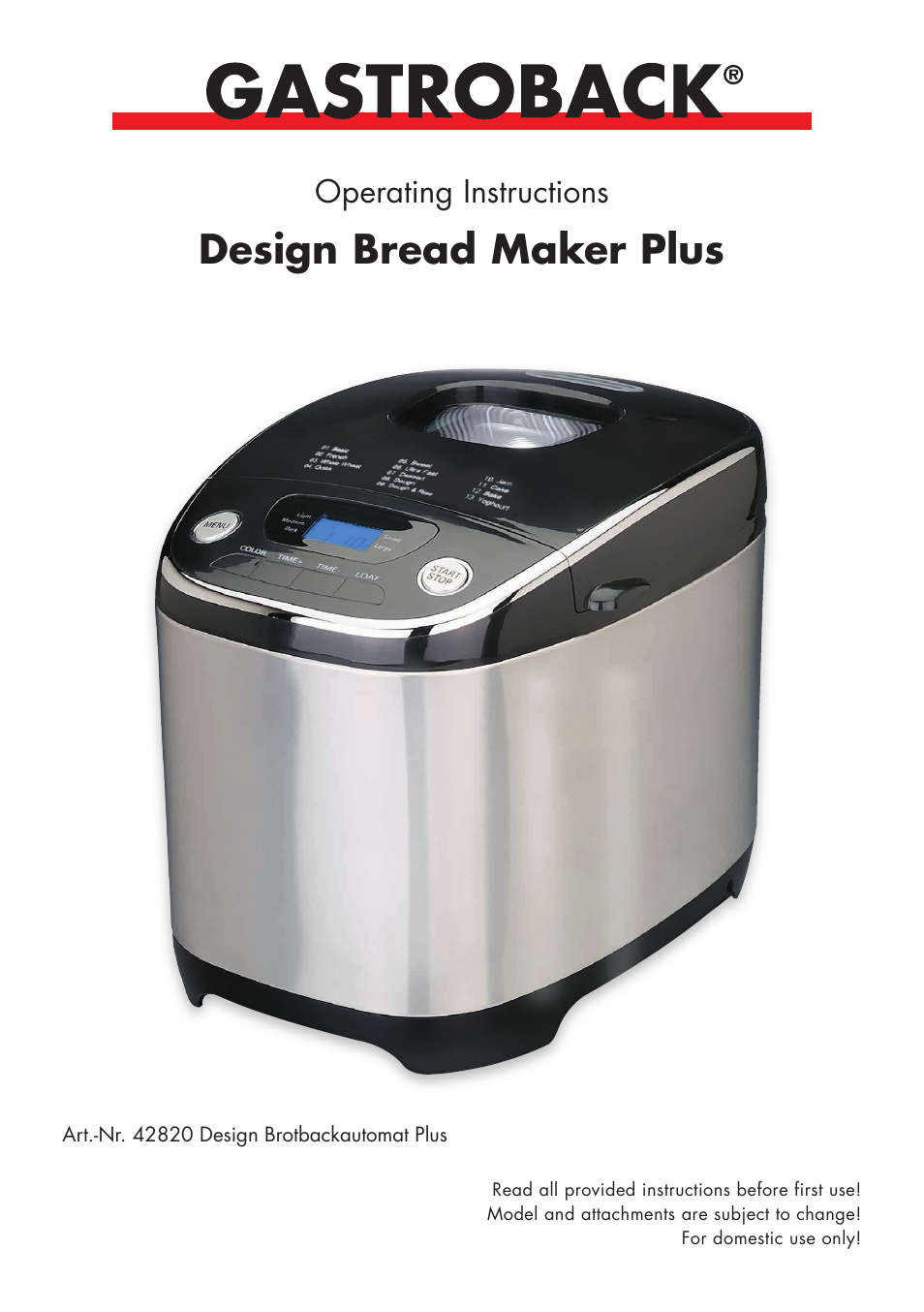 Gastroback 42820 Design Bread Maker Plus User Manual | 32 pages