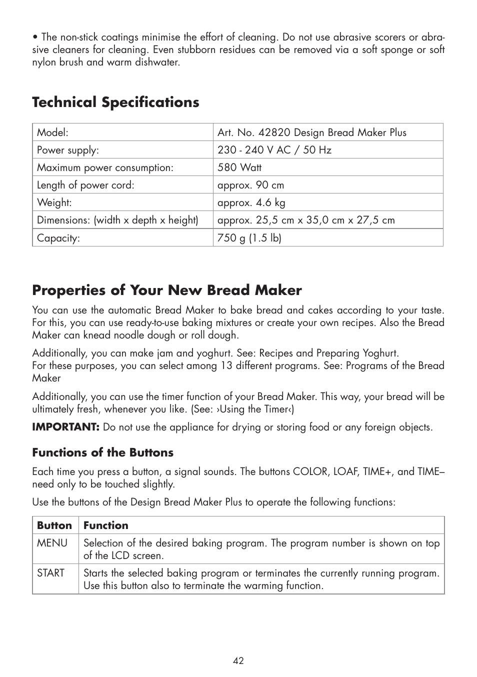 Technical specifications, Properties of your new bread maker | Gastroback 42820 Design Bread Maker Plus User Manual | Page 10 / 32