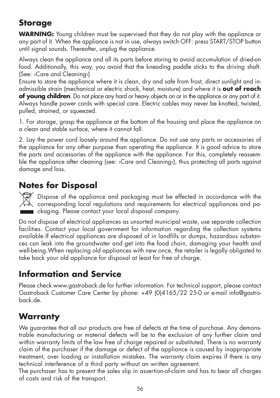 Storage, Information and service, Warranty | Gastroback 42820 Design Bread Maker Plus User Manual | Page 24 / 32