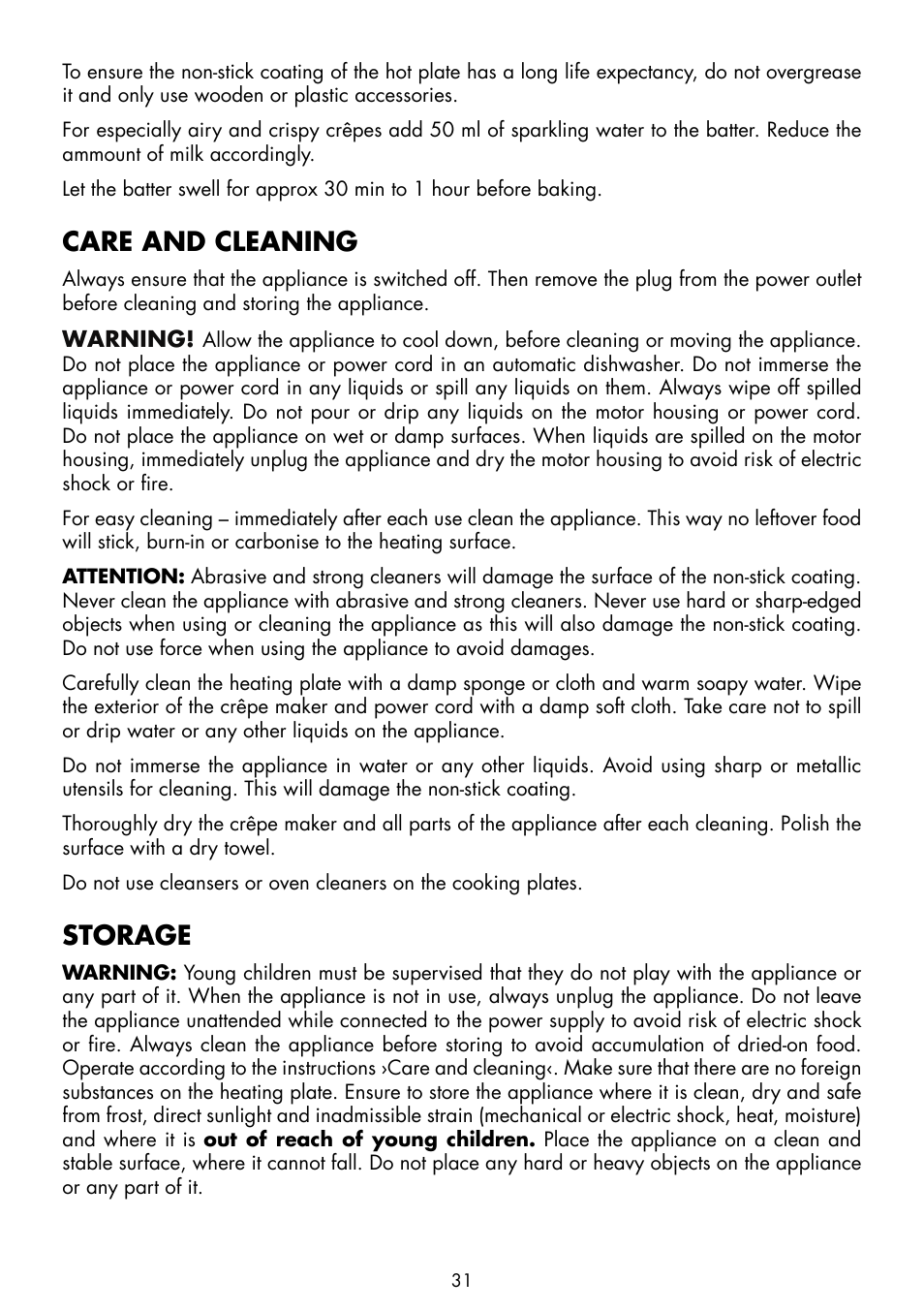 Care and cleaning, Storage | Gastroback 44005 Design Crêpe Maker Pro User Manual | Page 11 / 19