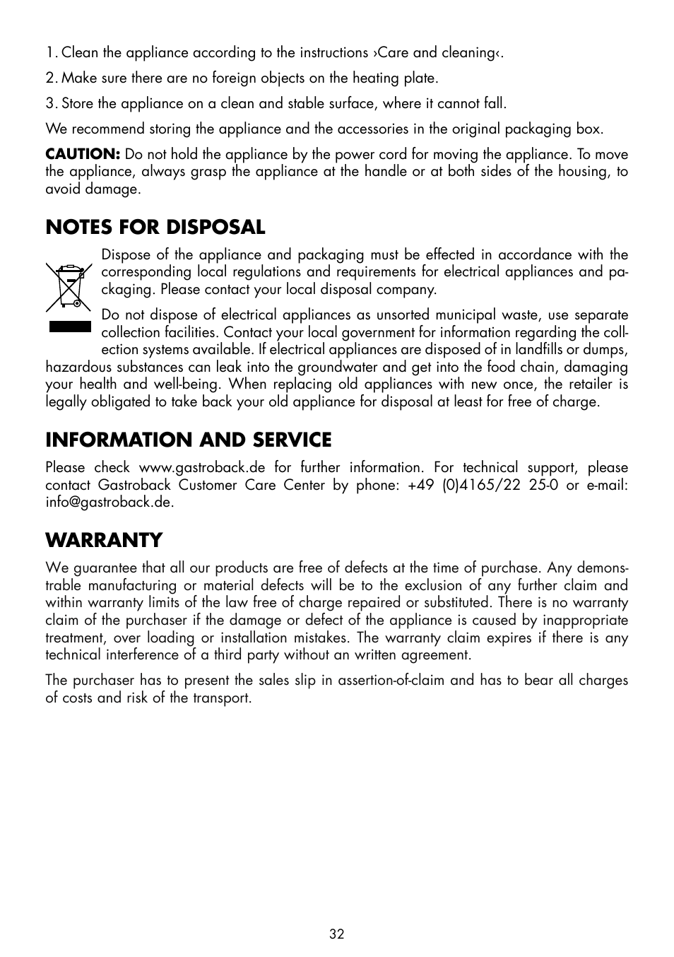 Information and service, Warranty | Gastroback 44005 Design Crêpe Maker Pro User Manual | Page 12 / 19