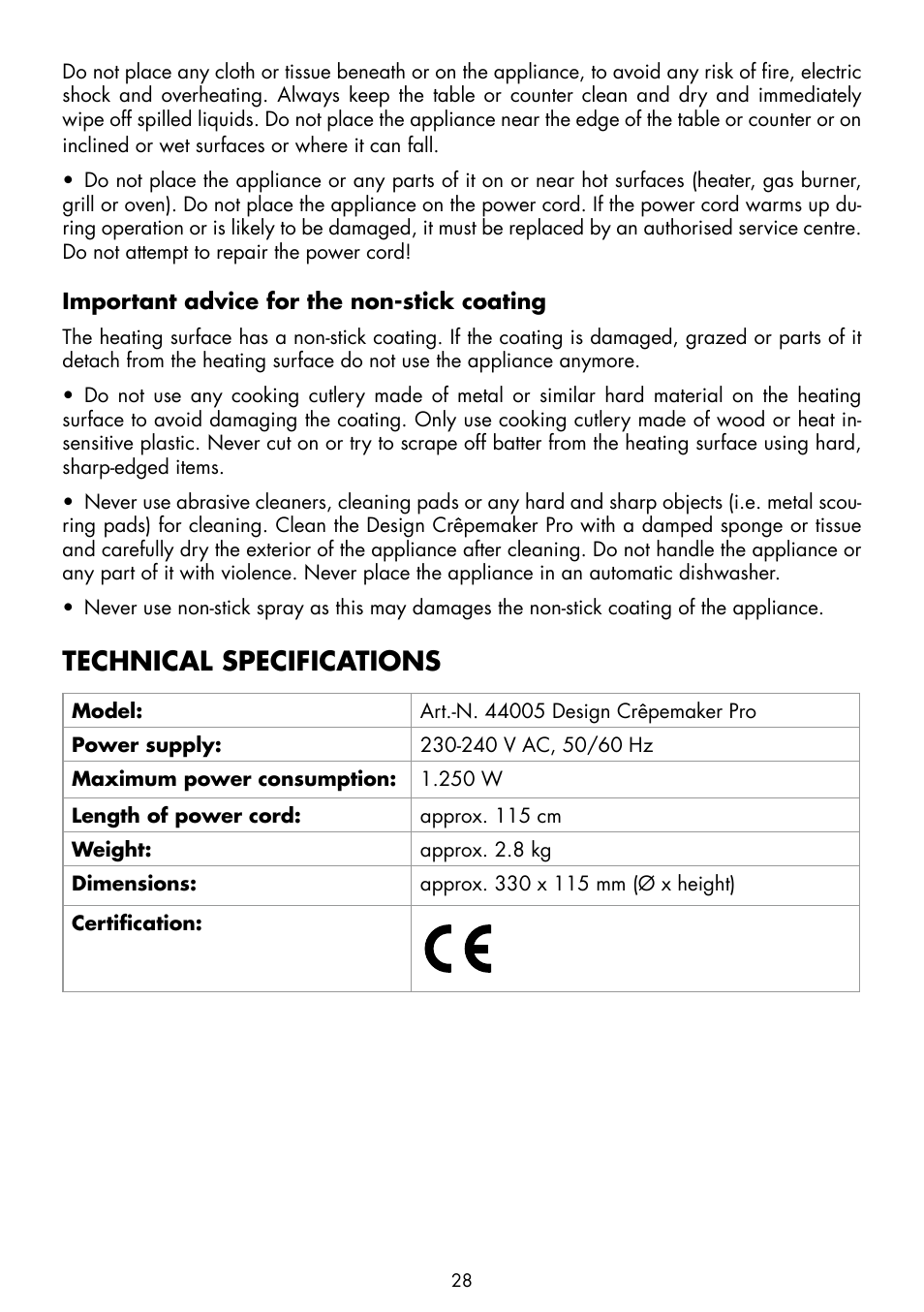 Technical specifications | Gastroback 44005 Design Crêpe Maker Pro User Manual | Page 8 / 19