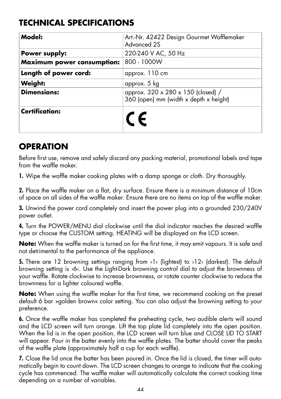 Technical specifications, Operation | Gastroback 42422 Design Gourmet Waffle Maker Advanced 2S User Manual | Page 8 / 34