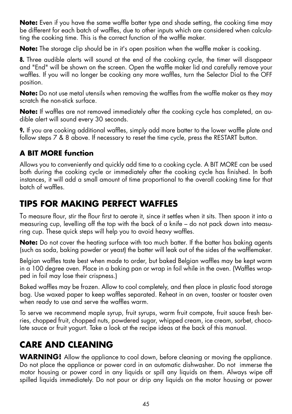 Tips for making perfect waffles, Care and cleaning | Gastroback 42422 Design Gourmet Waffle Maker Advanced 2S User Manual | Page 9 / 34