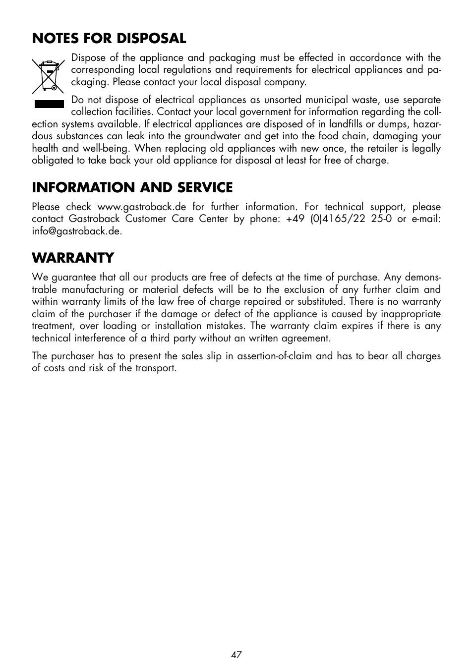 Information and service, Warranty | Gastroback 42421 Design Gourmet Waffle Maker Advanced 4S User Manual | Page 11 / 34