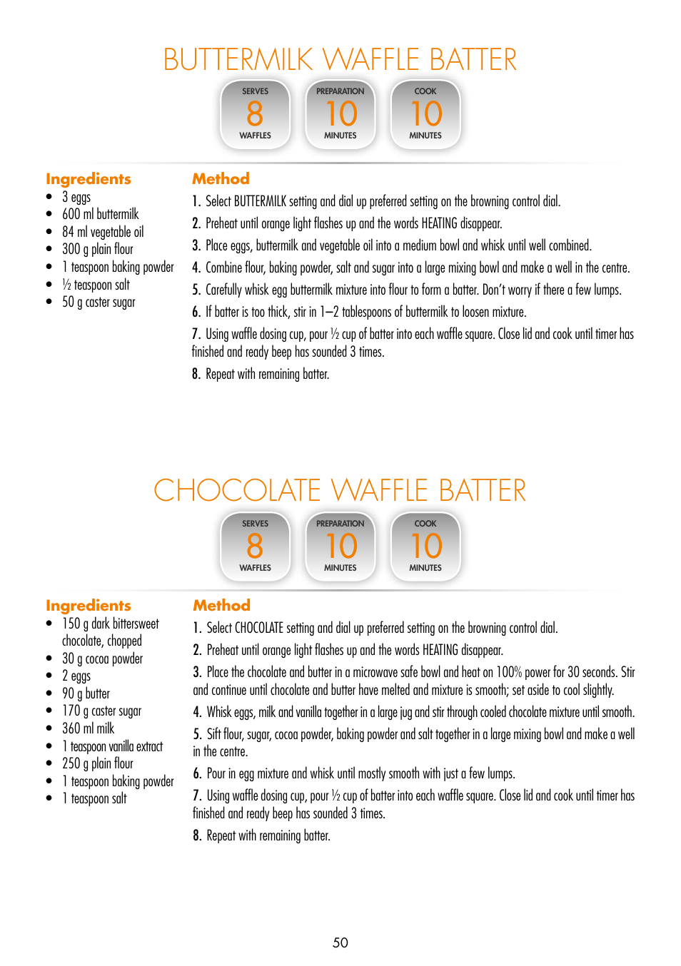 Buttermilk waffle batter, Chocolate waffle batter | Gastroback 42421 Design Gourmet Waffle Maker Advanced 4S User Manual | Page 14 / 34