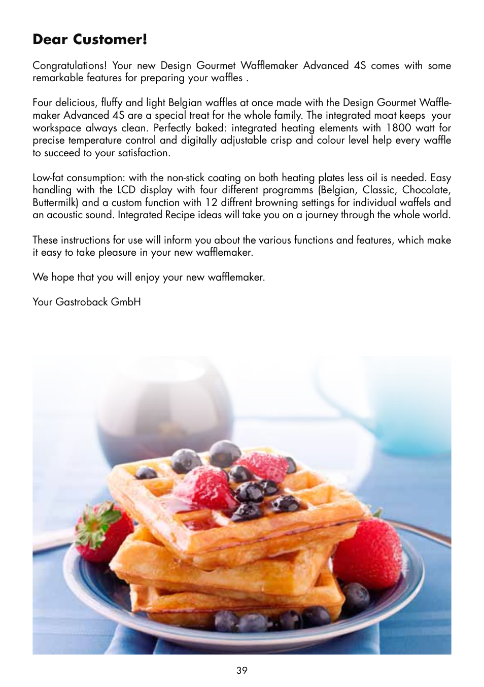 Dear customer | Gastroback 42421 Design Gourmet Waffle Maker Advanced 4S User Manual | Page 3 / 34