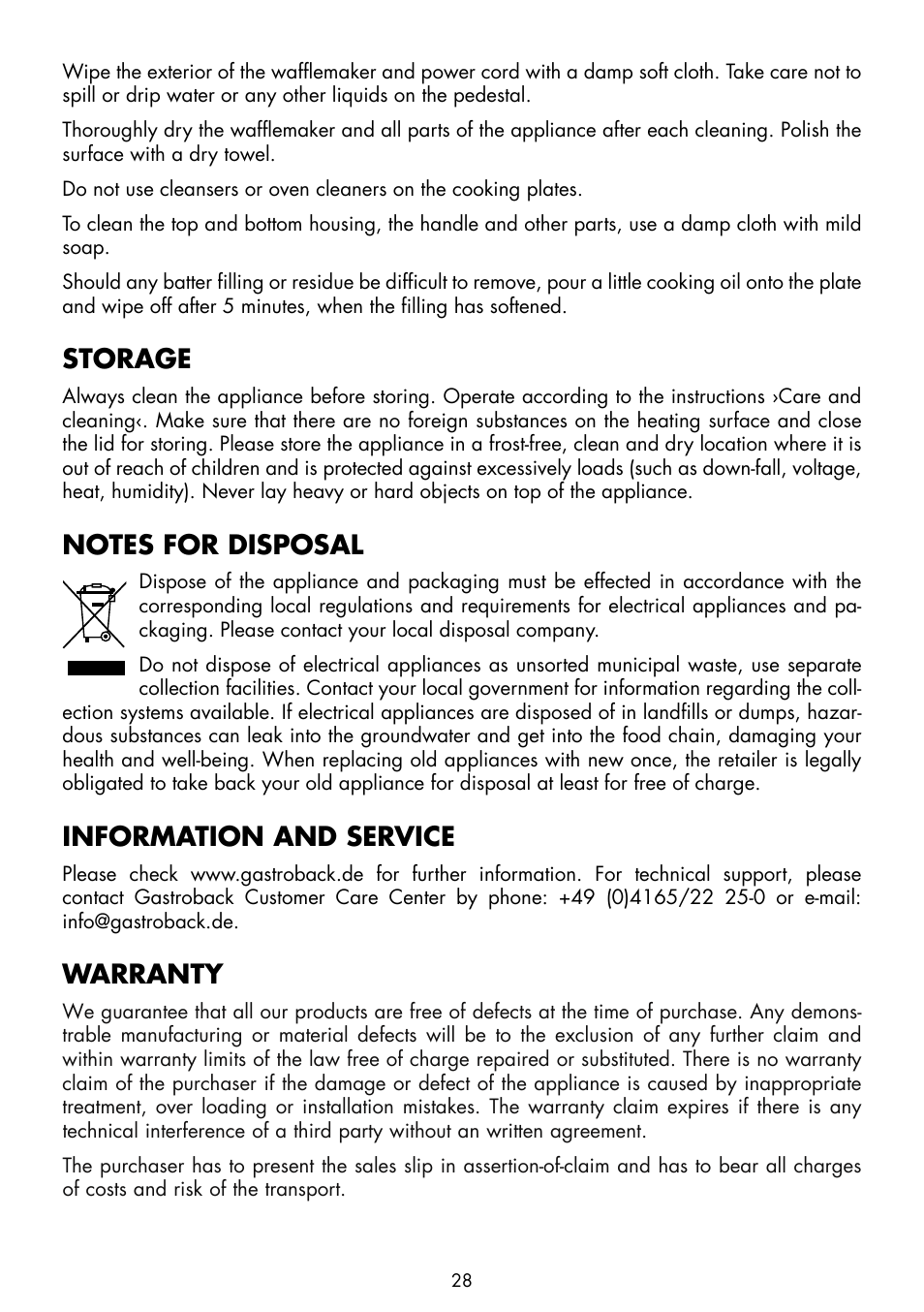 Storage, Information and service, Warranty | Gastroback 42419 Design Wafflemaker Advanced EL User Manual | Page 12 / 16