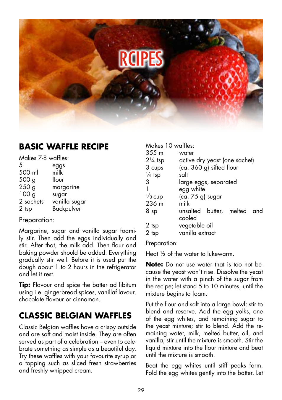 Rcipes, Basic waffle recipe, Classic belgian waffles | Gastroback 42419 Design Wafflemaker Advanced EL User Manual | Page 13 / 16