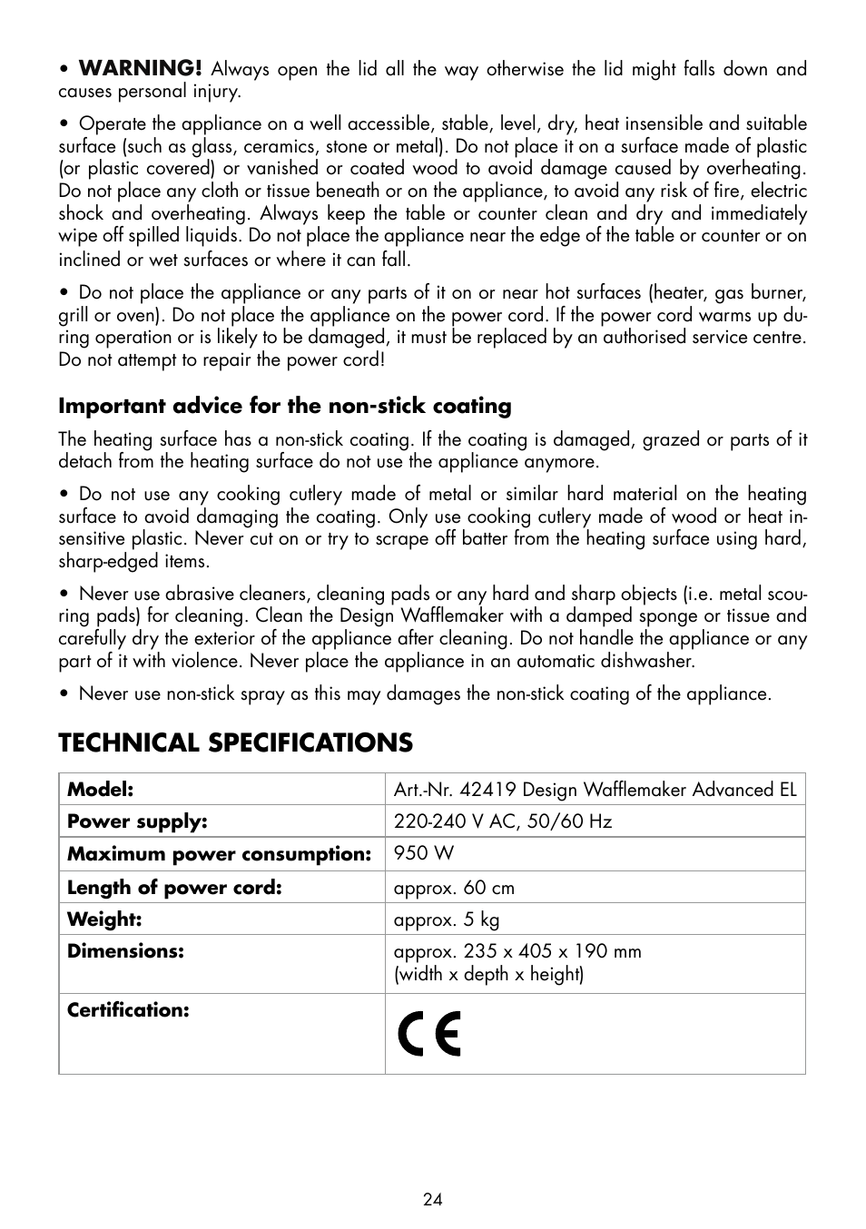 Technical specifications | Gastroback 42419 Design Wafflemaker Advanced EL User Manual | Page 8 / 16