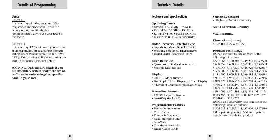 Details of programming, Technical details | Beltronics PRO RX65 User Manual | Page 10 / 16