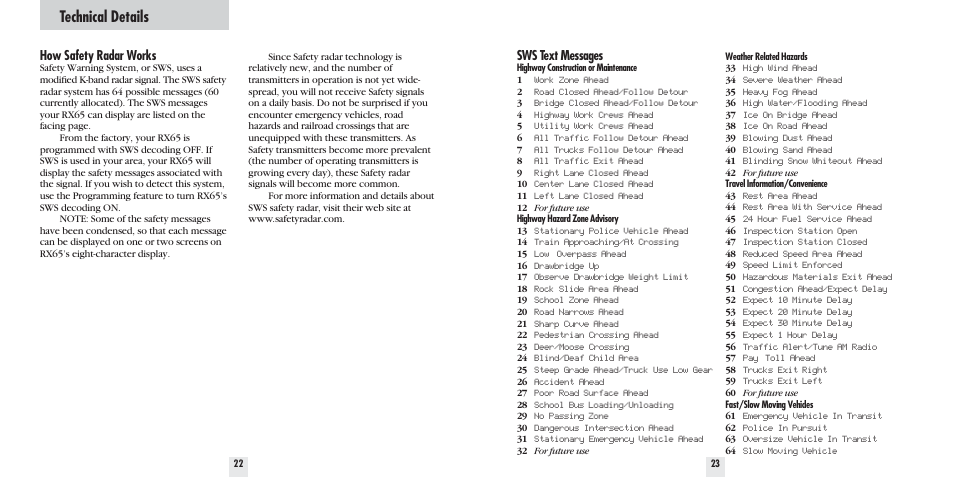 Technical details, How safety radar works, Sws text messages | Beltronics PRO RX65 User Manual | Page 13 / 16