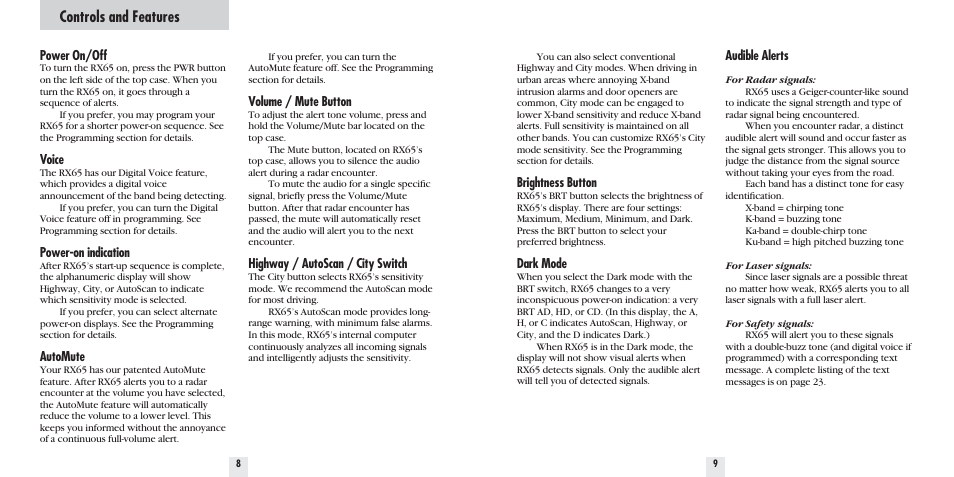 Controls and features | Beltronics PRO RX65 User Manual | Page 6 / 16