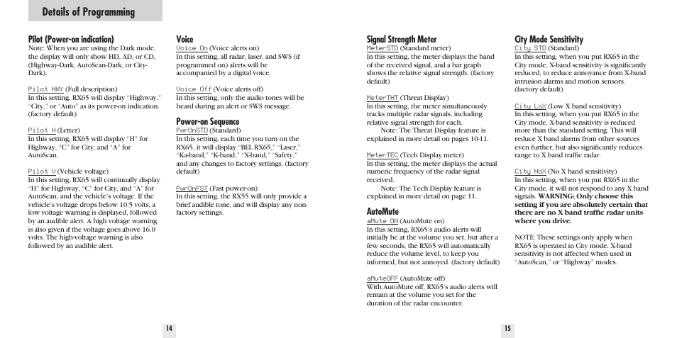 Details of programming | Beltronics PRO RX65 User Manual | Page 9 / 16
