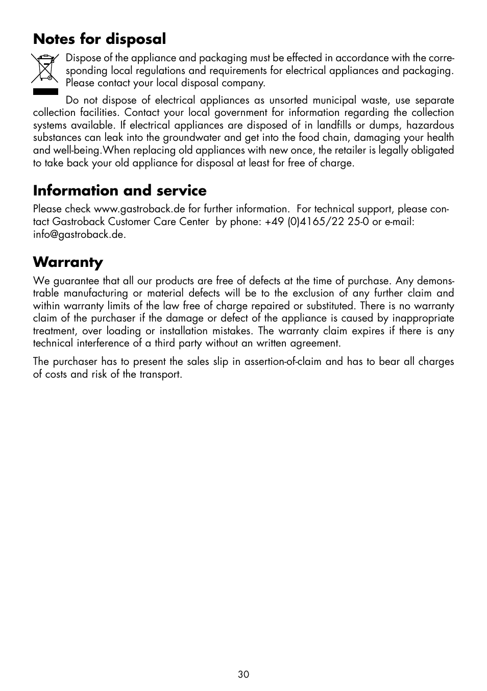 Information and service, Warranty | Gastroback 42405 Design Wafflemaker Pro User Manual | Page 12 / 17