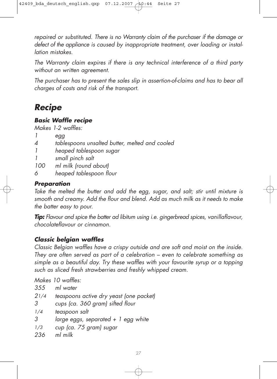 Recipe | Gastroback 42409 Professional Waffle Maker User Manual | Page 11 / 16