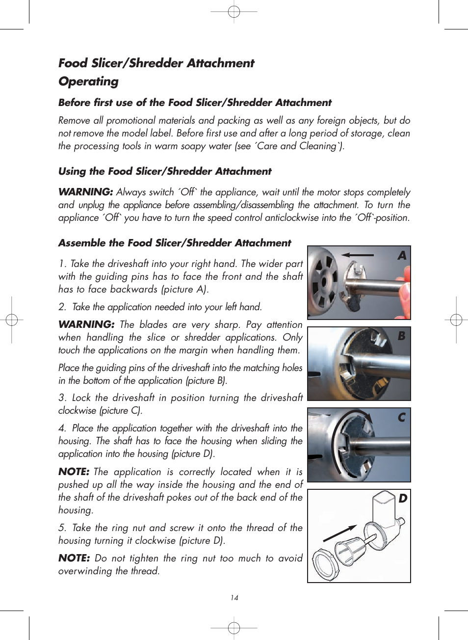 Food slicer/shredder attachment operating, Ab c d | Gastroback 98102 Food Slicer/Shredder Attachment User Manual | Page 4 / 12