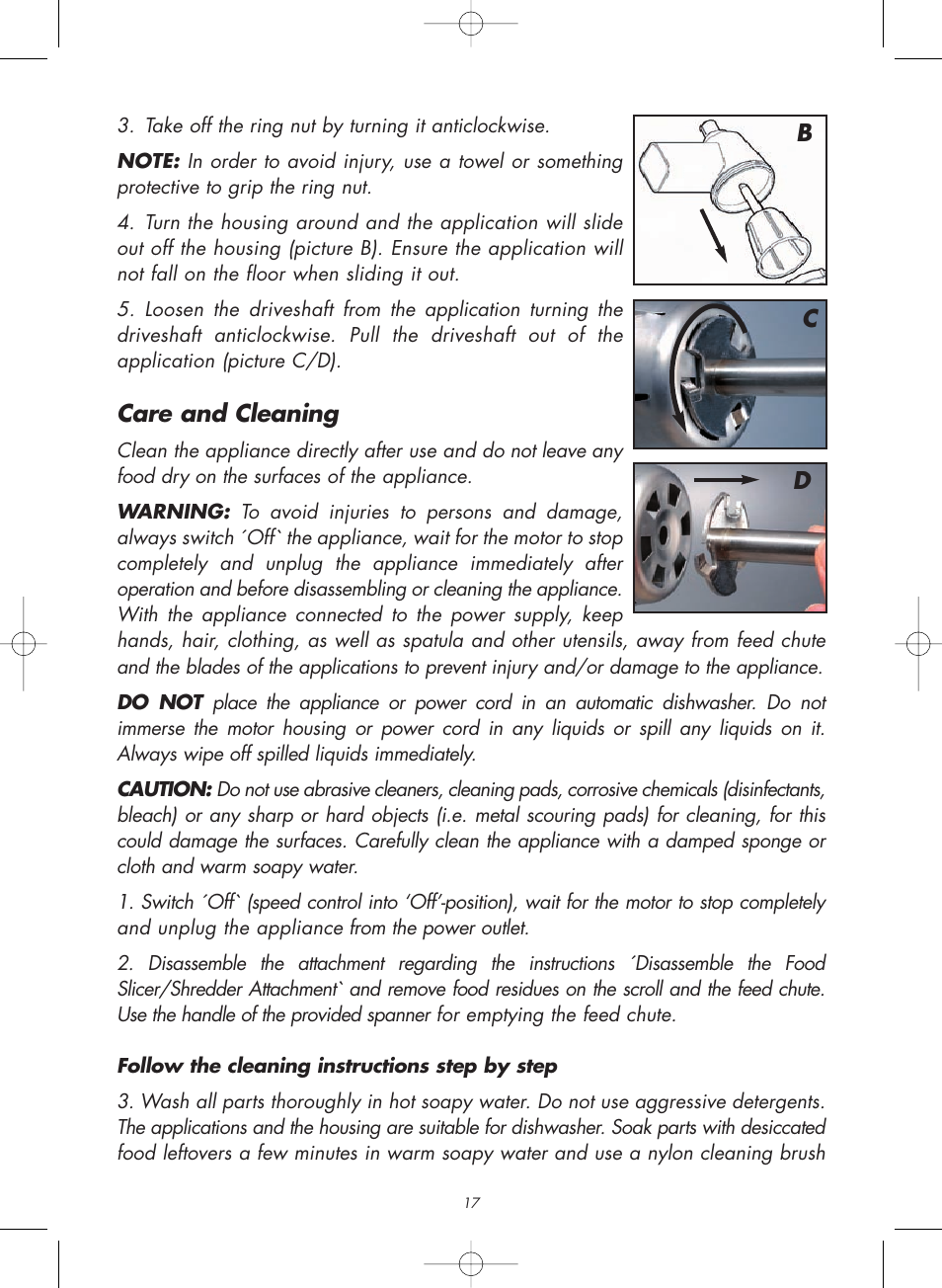 Care and cleaning, Bc d | Gastroback 98102 Food Slicer/Shredder Attachment User Manual | Page 7 / 12