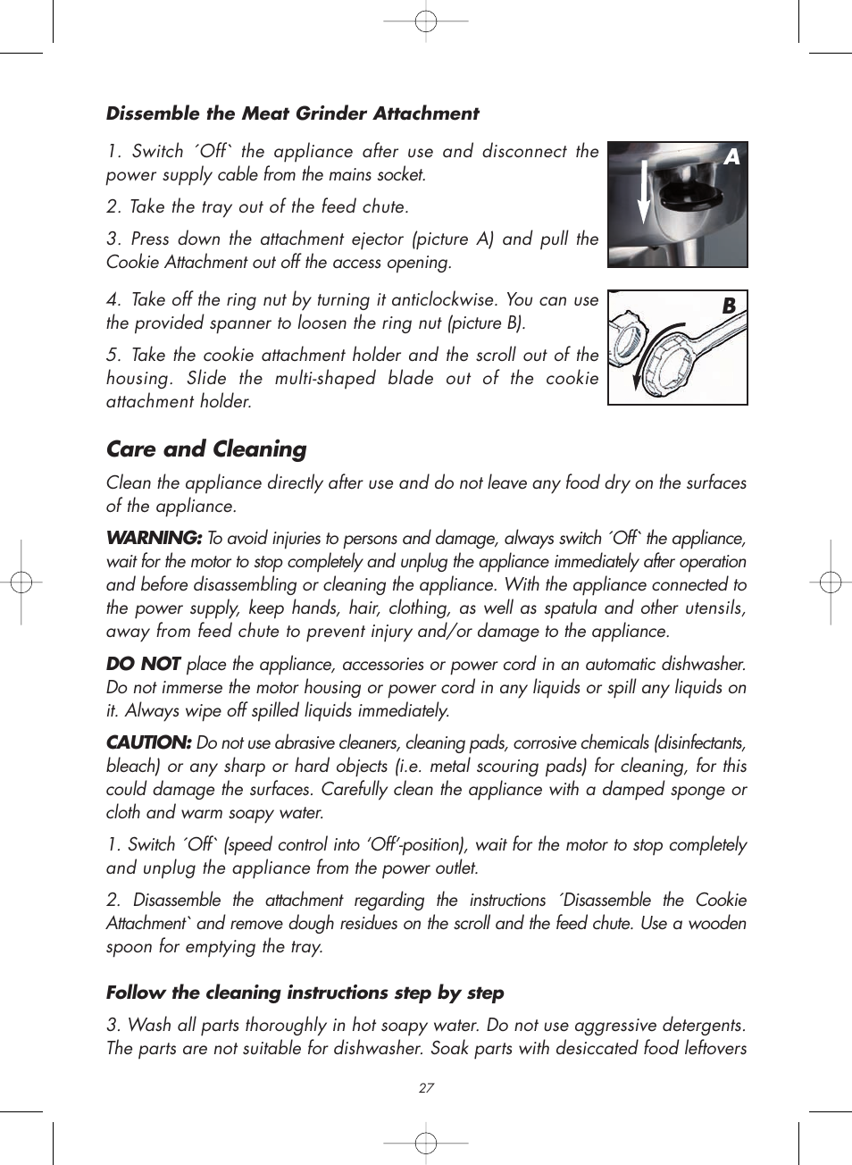 Care and cleaning | Gastroback 98101 Meat Grinder / Cookie Attachment User Manual | Page 12 / 16