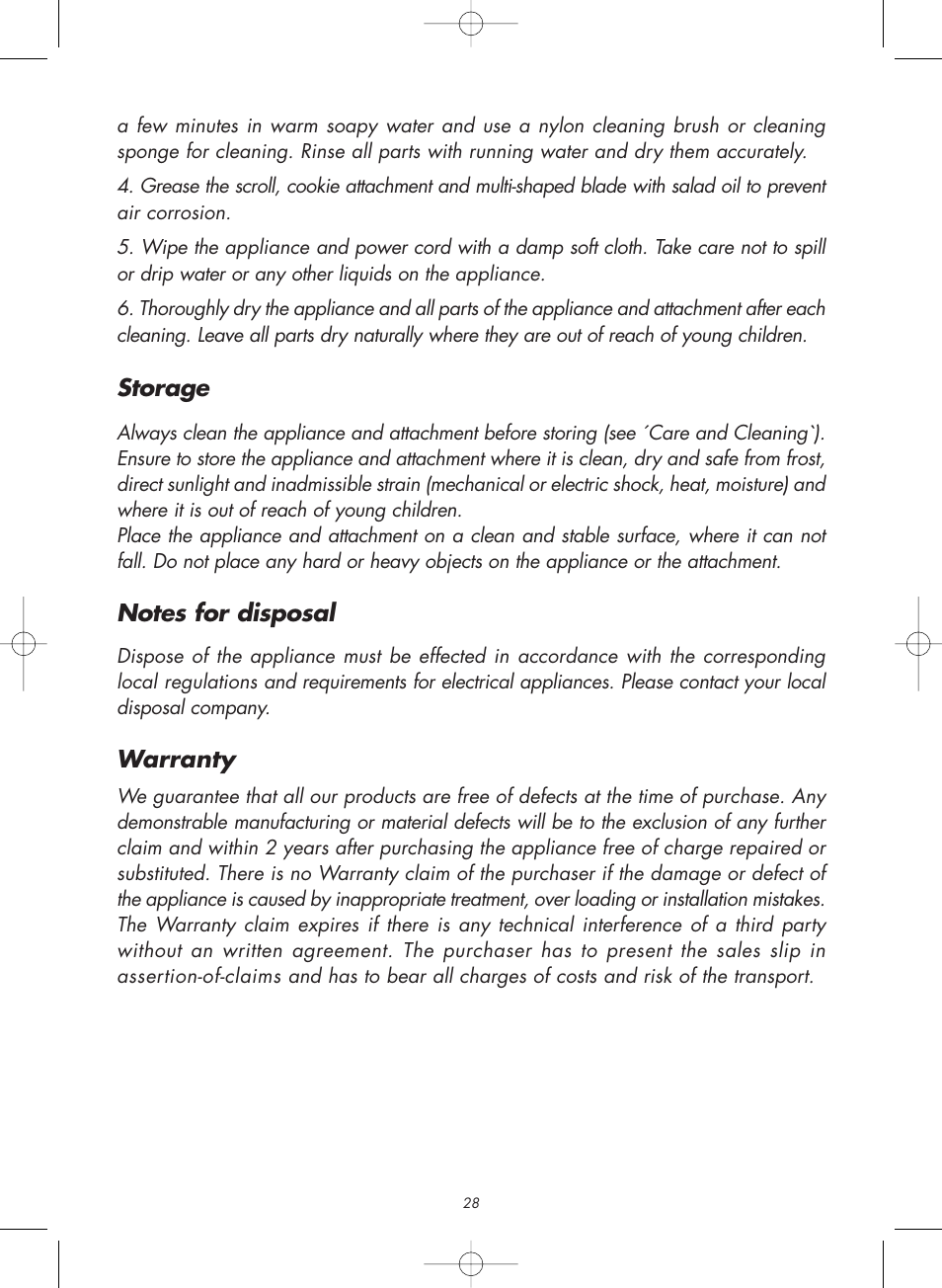 Storage, Warranty | Gastroback 98101 Meat Grinder / Cookie Attachment User Manual | Page 13 / 16