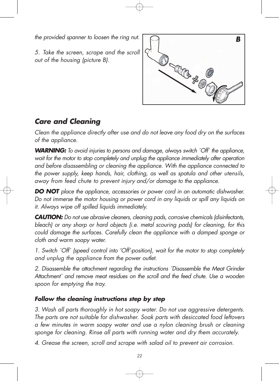 Care and cleaning | Gastroback 98101 Meat Grinder / Cookie Attachment User Manual | Page 7 / 16