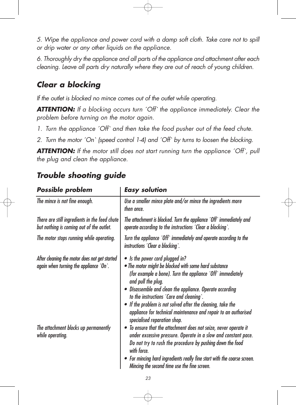 Clear a blocking, Trouble shooting guide | Gastroback 98101 Meat Grinder / Cookie Attachment User Manual | Page 8 / 16