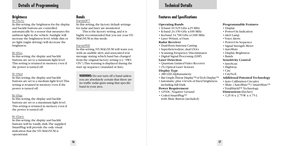 Details of programming, Technical details | Beltronics Sti Magnum User Manual | Page 10 / 16