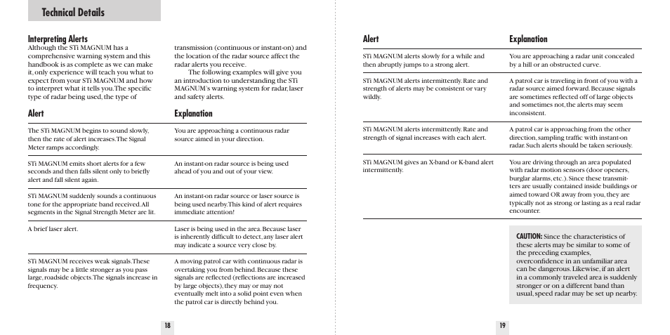 Technical details, Interpreting alerts, Explanation | Alert | Beltronics Sti Magnum User Manual | Page 11 / 16