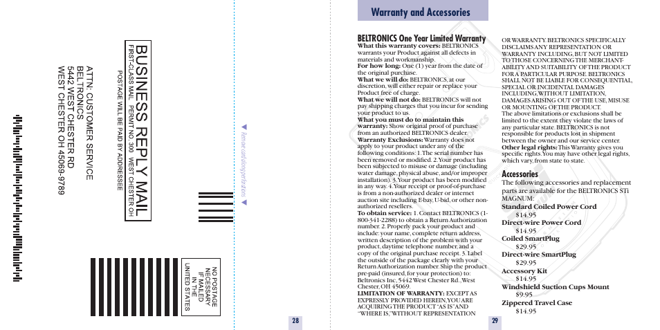 Warranty and accessories, Beltronics one year limited warranty, Accessories | Beltronics Sti Magnum User Manual | Page 16 / 16