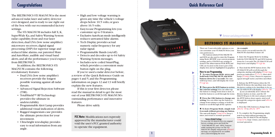 Quick reference card, Beltronics sti magnum quick reference card | Beltronics Sti Magnum User Manual | Page 2 / 16