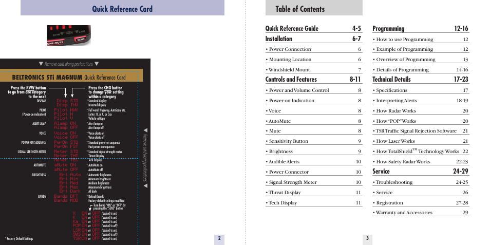 Table of contents quick reference card, Quick reference guide 4-5 installation 6-7, Controls and features 8-11 | Programming 12-16, Technical details 17-23, Service 24-29 | Beltronics Sti Magnum User Manual | Page 3 / 16