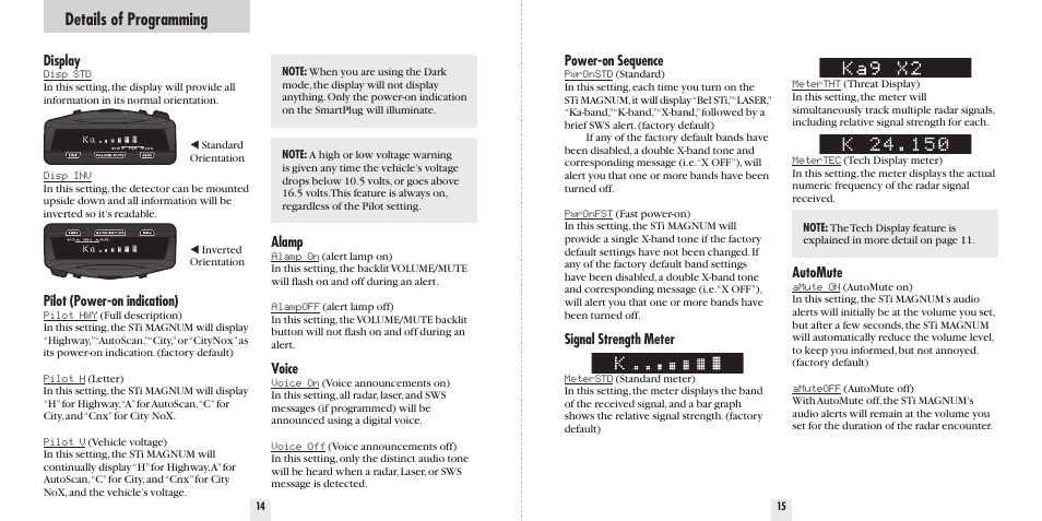 Details of programming, Alamp, Voice | Power-on sequence, Signal strength meter, Automute, Display, Pilot (power-on indication) | Beltronics Sti Magnum User Manual | Page 9 / 16