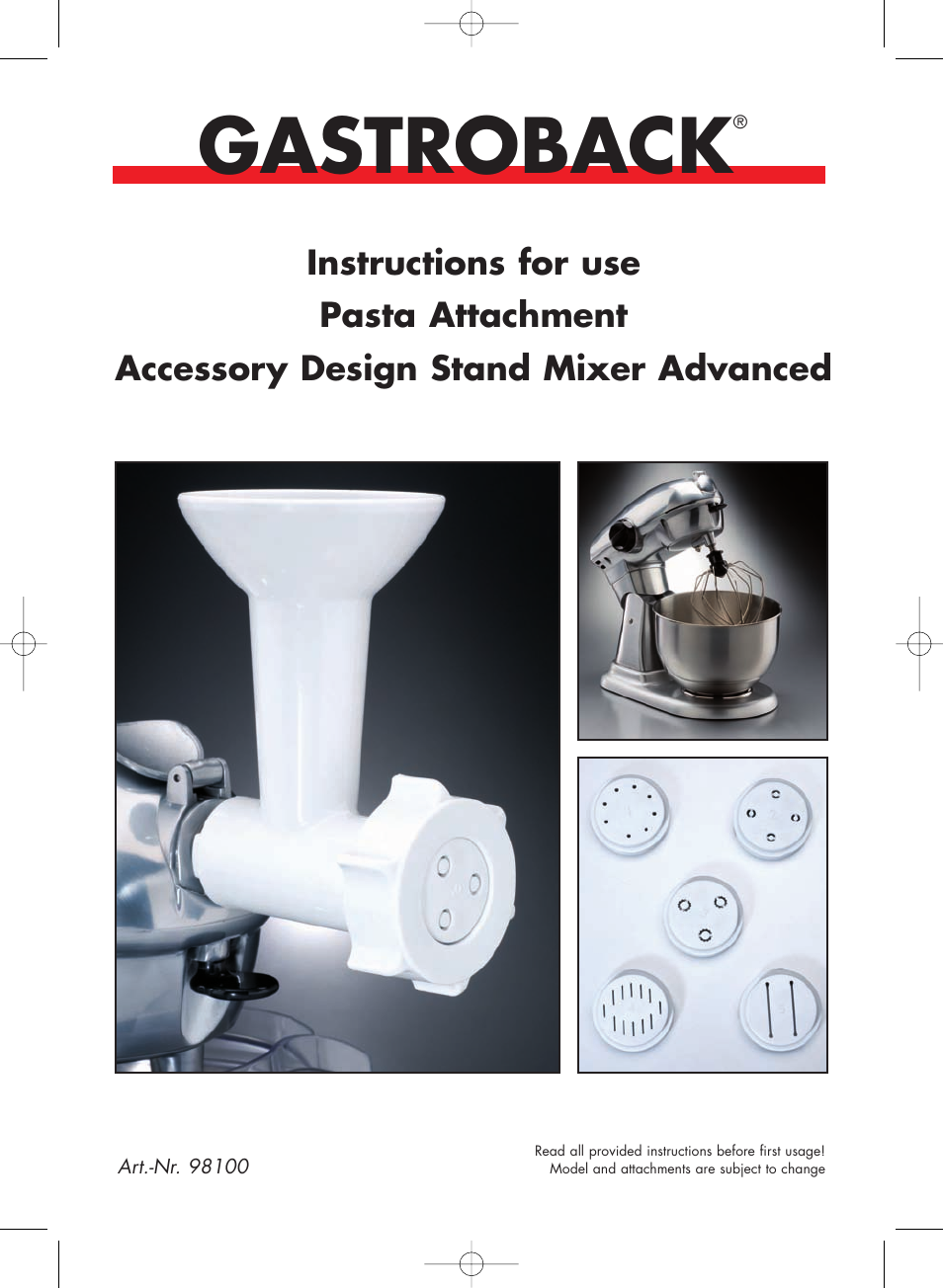 Gastroback 98100 Pasta Attachment User Manual | 12 pages