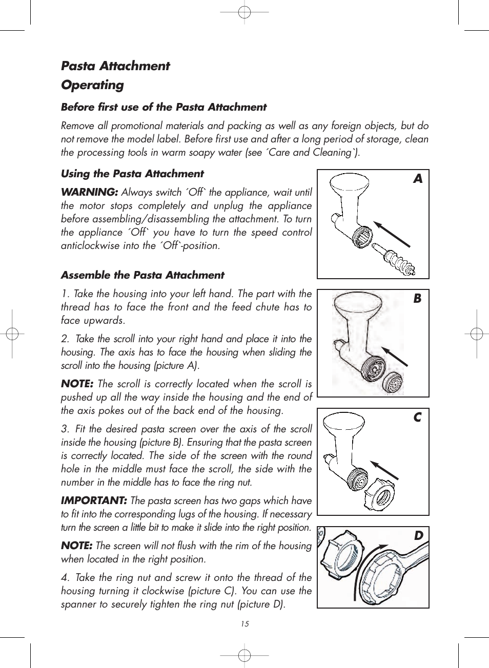 Pasta attachment operating, Ab c d | Gastroback 98100 Pasta Attachment User Manual | Page 4 / 12