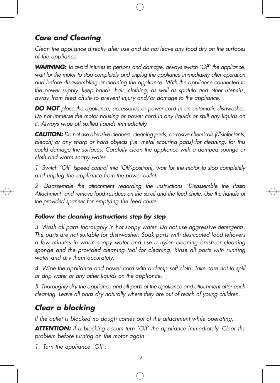 Care and cleaning, Clear a blocking | Gastroback 98100 Pasta Attachment User Manual | Page 7 / 12