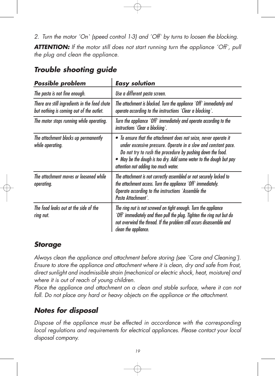 Trouble shooting guide, Storage | Gastroback 98100 Pasta Attachment User Manual | Page 8 / 12