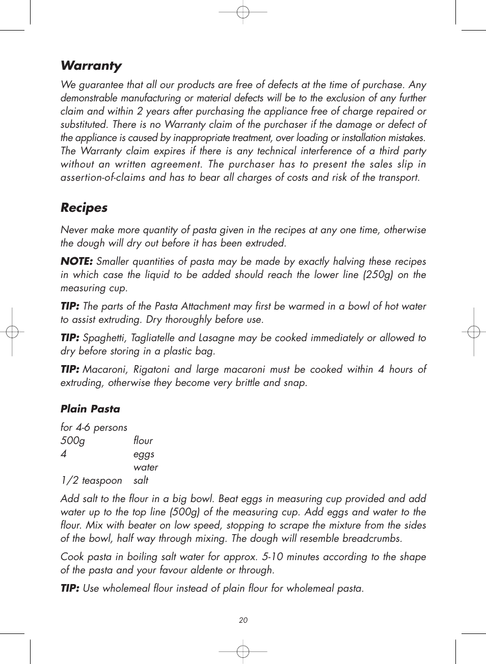 Warranty, Recipes | Gastroback 98100 Pasta Attachment User Manual | Page 9 / 12