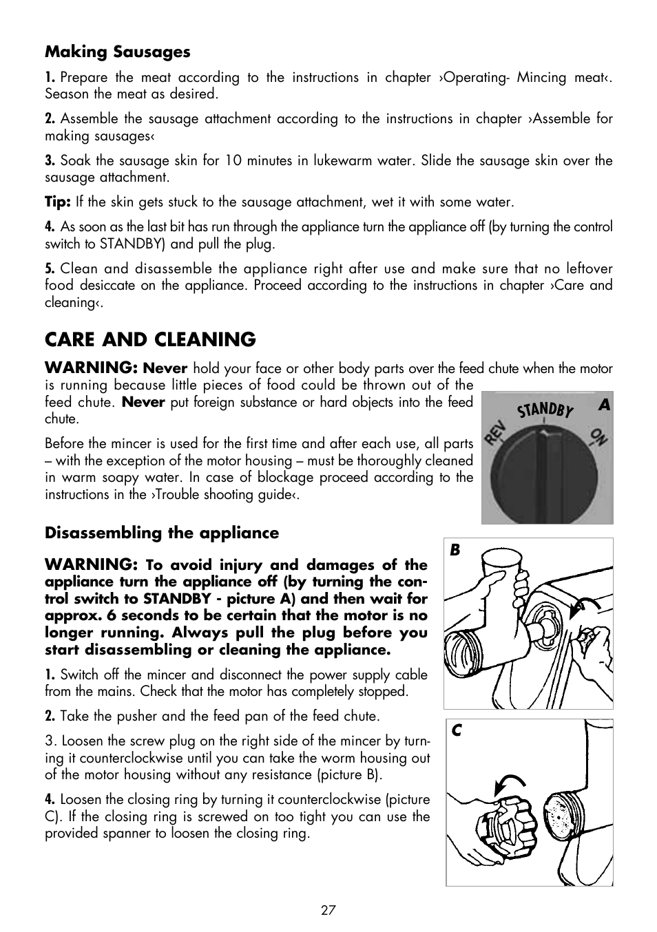 Care and cleaning | Gastroback 41409 Design Mincer Advanced (standard size 8) User Manual | Page 11 / 16