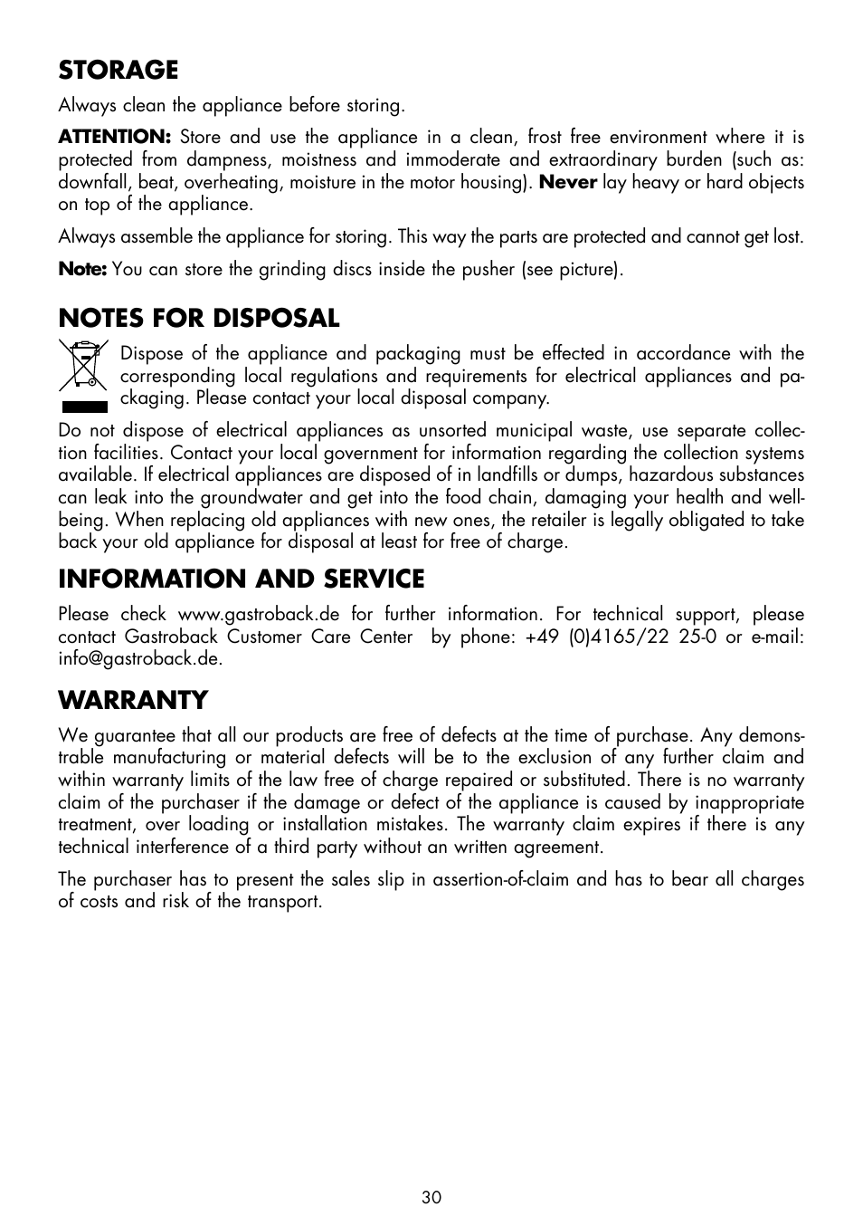 Storage, Information and service, Warranty | Gastroback 41409 Design Mincer Advanced (standard size 8) User Manual | Page 14 / 16